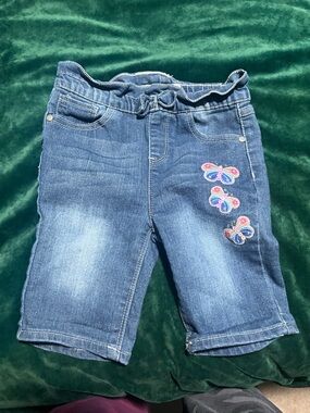 Kids Denim Bermuda Shorts with Embroidered Butterflies - Blue